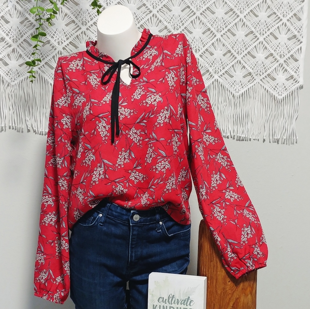 ✔Red Floral Long Sleeve Blouse